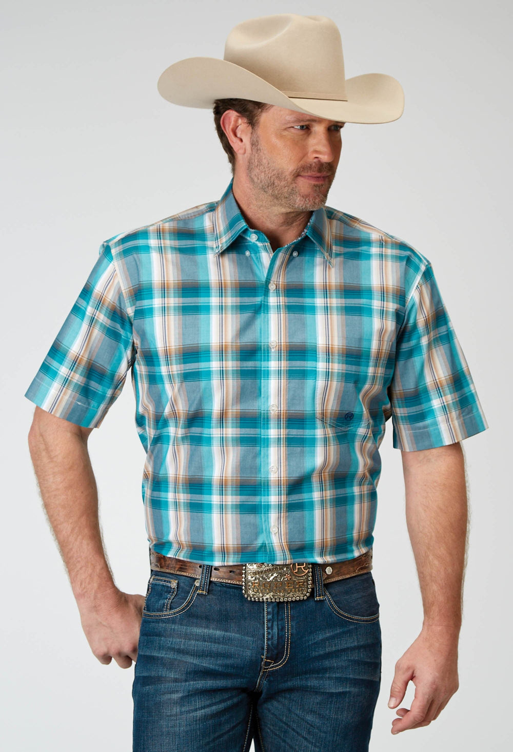 Roper Mens Short Sleeve Button Waters Edge Plaid Western Shirt - Roper
