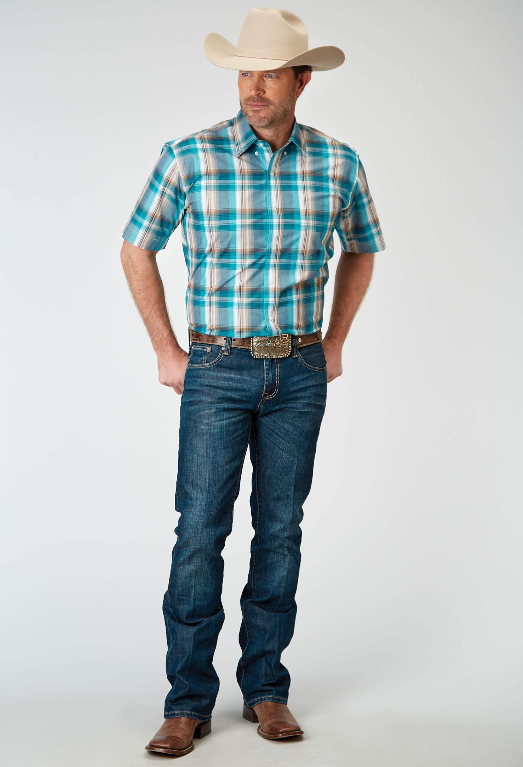 Roper Mens Short Sleeve Button Waters Edge Plaid Western Shirt - Roper - Flyclothing LLC