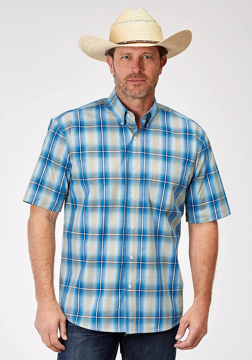 Roper Mens Short Sleeve Button Chicory Ombre Plaid Western Shirt - Roper