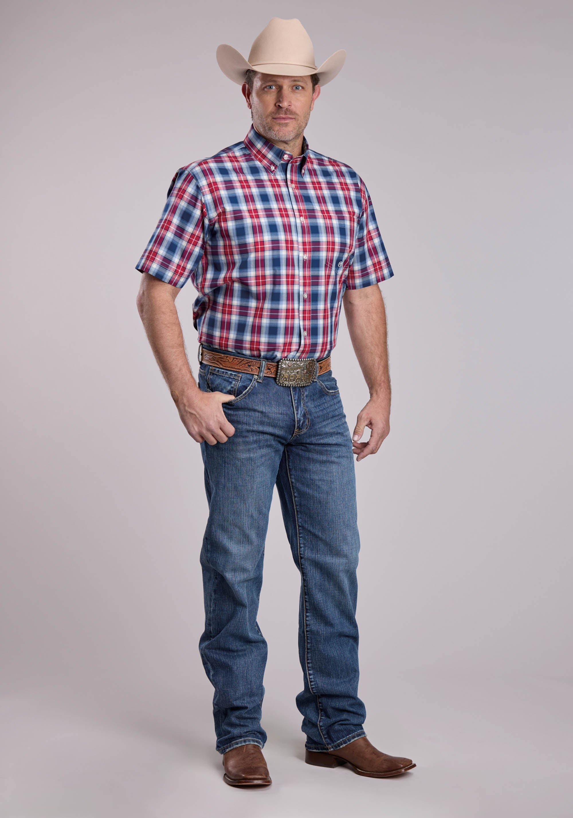 Mens Roper American West Plaid Short Sleeve Button Shirt