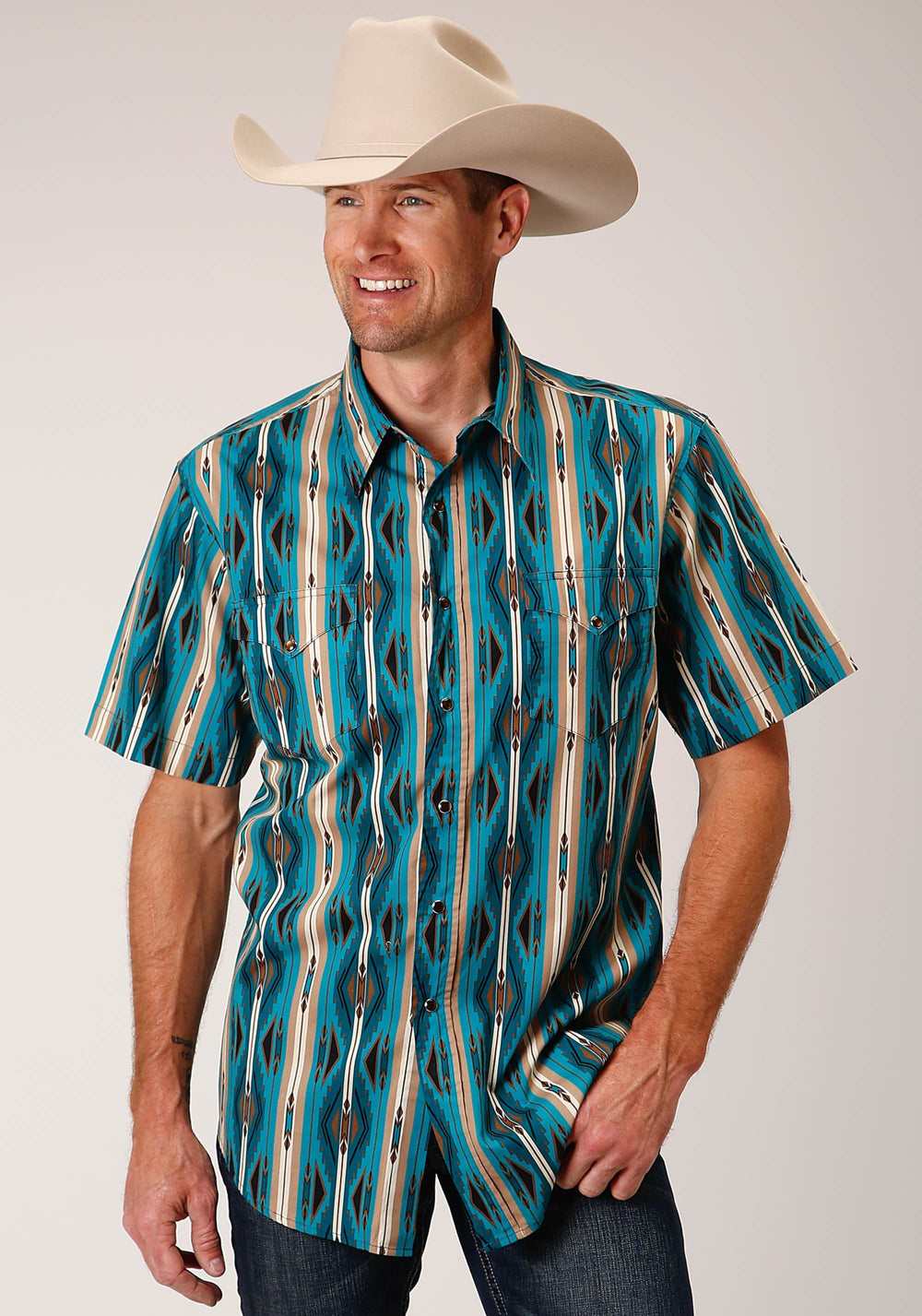 Roper Mens Short Sleeve Snap Aztec Stripe Western Shirt - Roper