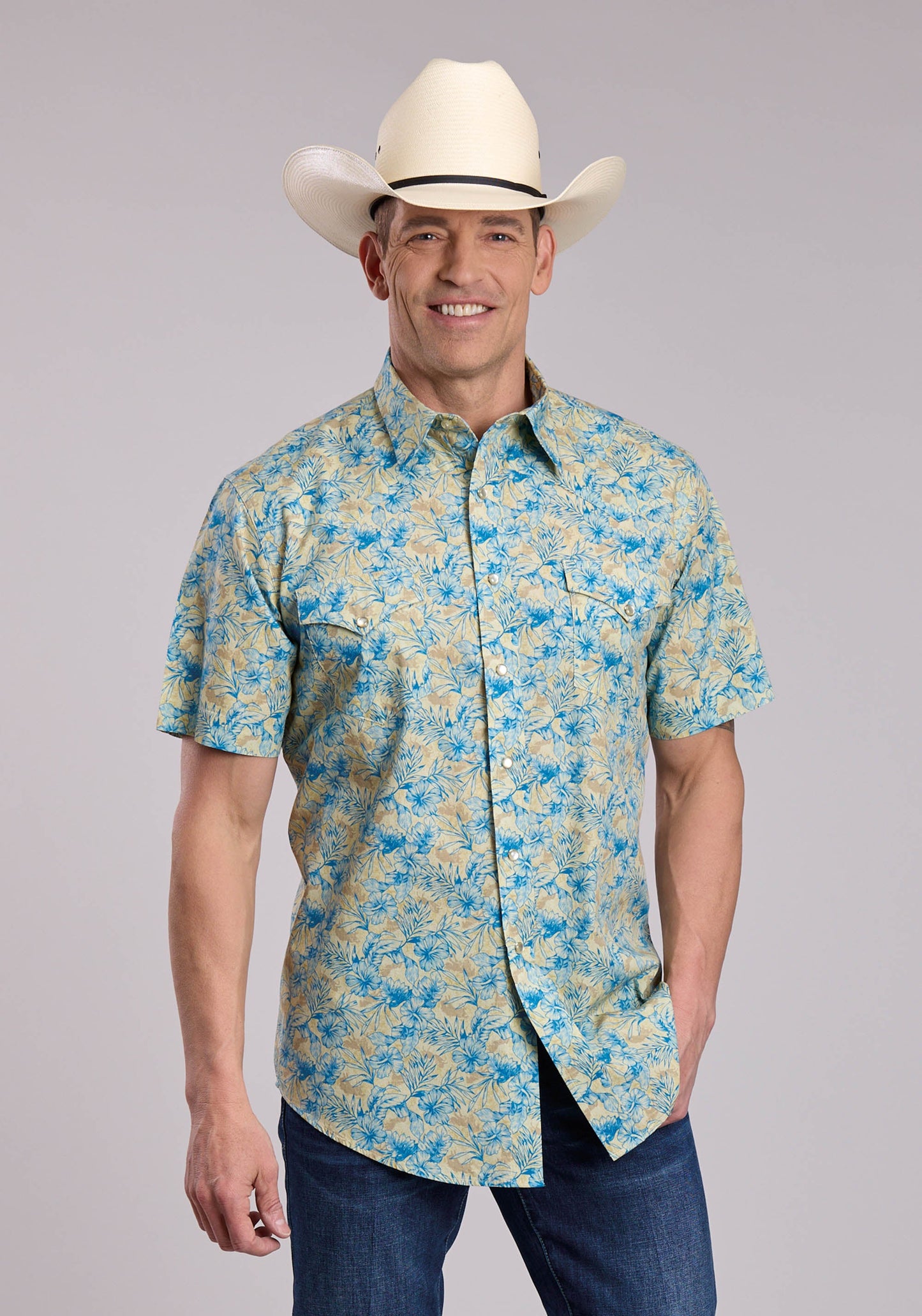 Mens Roper Hibiscus Dreams Print Short Sleeve Snap Shirt
