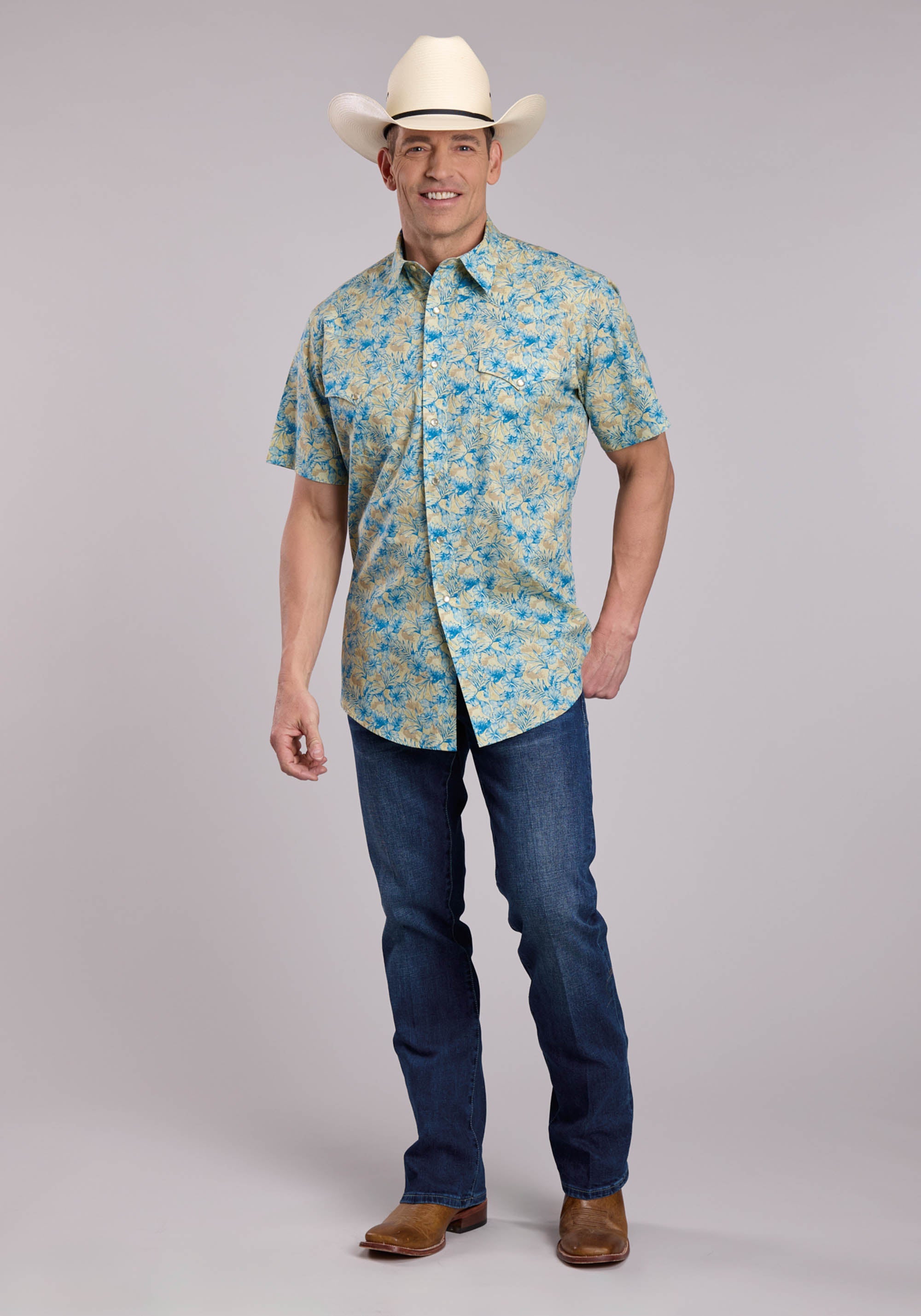 Mens Roper Hibiscus Dreams Print Short Sleeve Snap Shirt