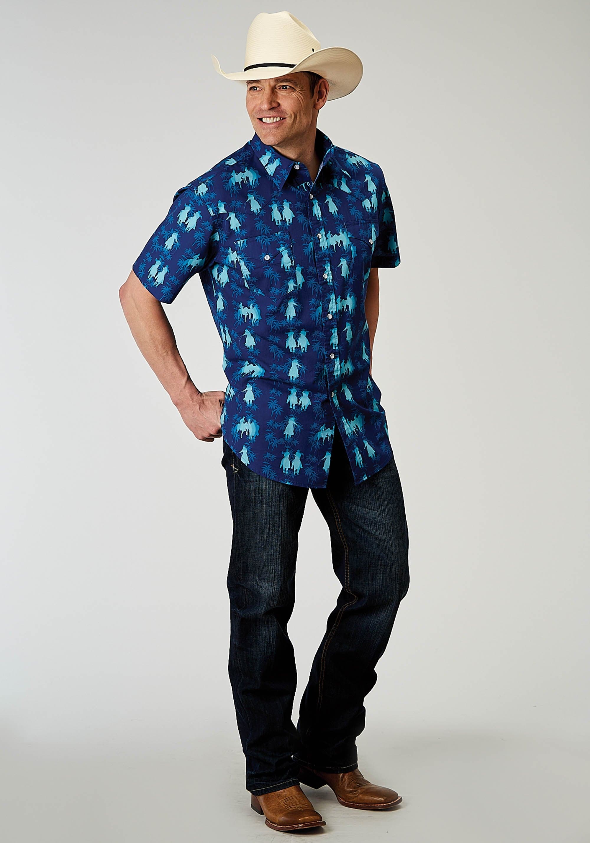 Roper Mens Short Sleeve Snap Hawaiian Ombre Print Western Shirt - Roper