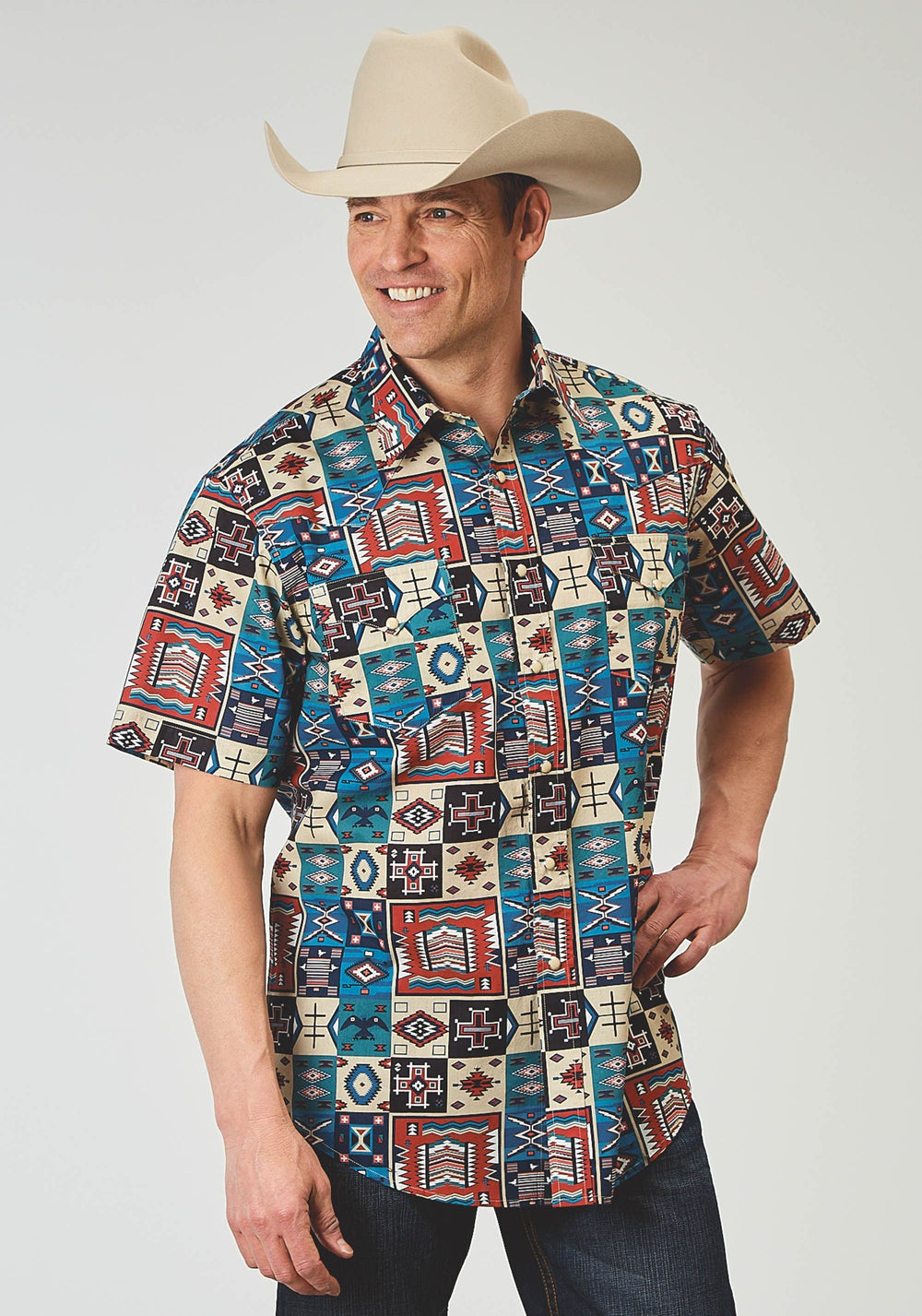 Roper Mens Short Sleeve Snap Vintage Patchwork Print Western Shirt - Roper