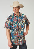 Roper Mens Short Sleeve Snap Vintage Patchwork Print Western Shirt - Roper