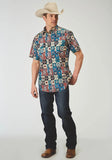 Roper Mens Short Sleeve Snap Vintage Patchwork Print Western Shirt - Roper