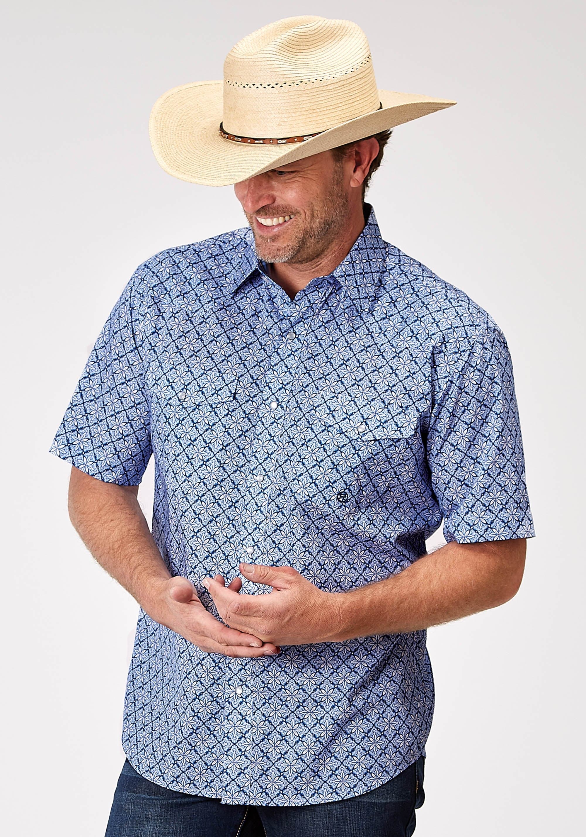 Roper Mens Short Sleeve Snap Blue Skies Tie Print Western Shirt Tall Fit - Roper