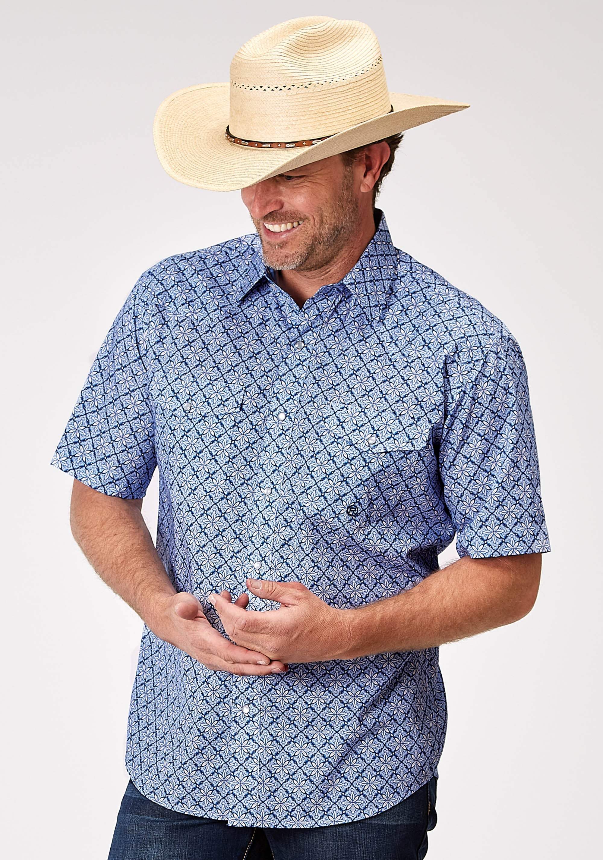 Roper Mens Short Sleeve Snap Blue Skies Tie Print Western Shirt Tall Fit - Roper - Flyclothing LLC