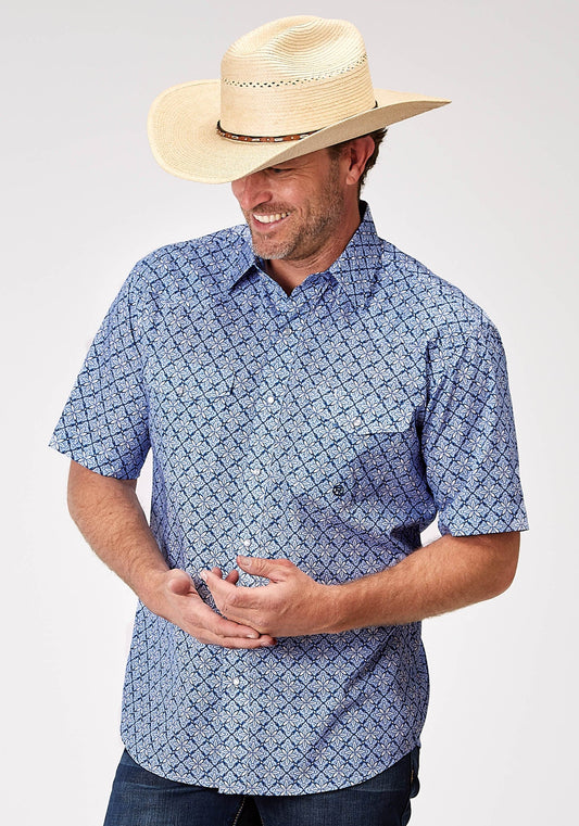 Roper Mens Short Sleeve Snap Blue Skies Tie Print Western Shirt Tall Fit - Roper