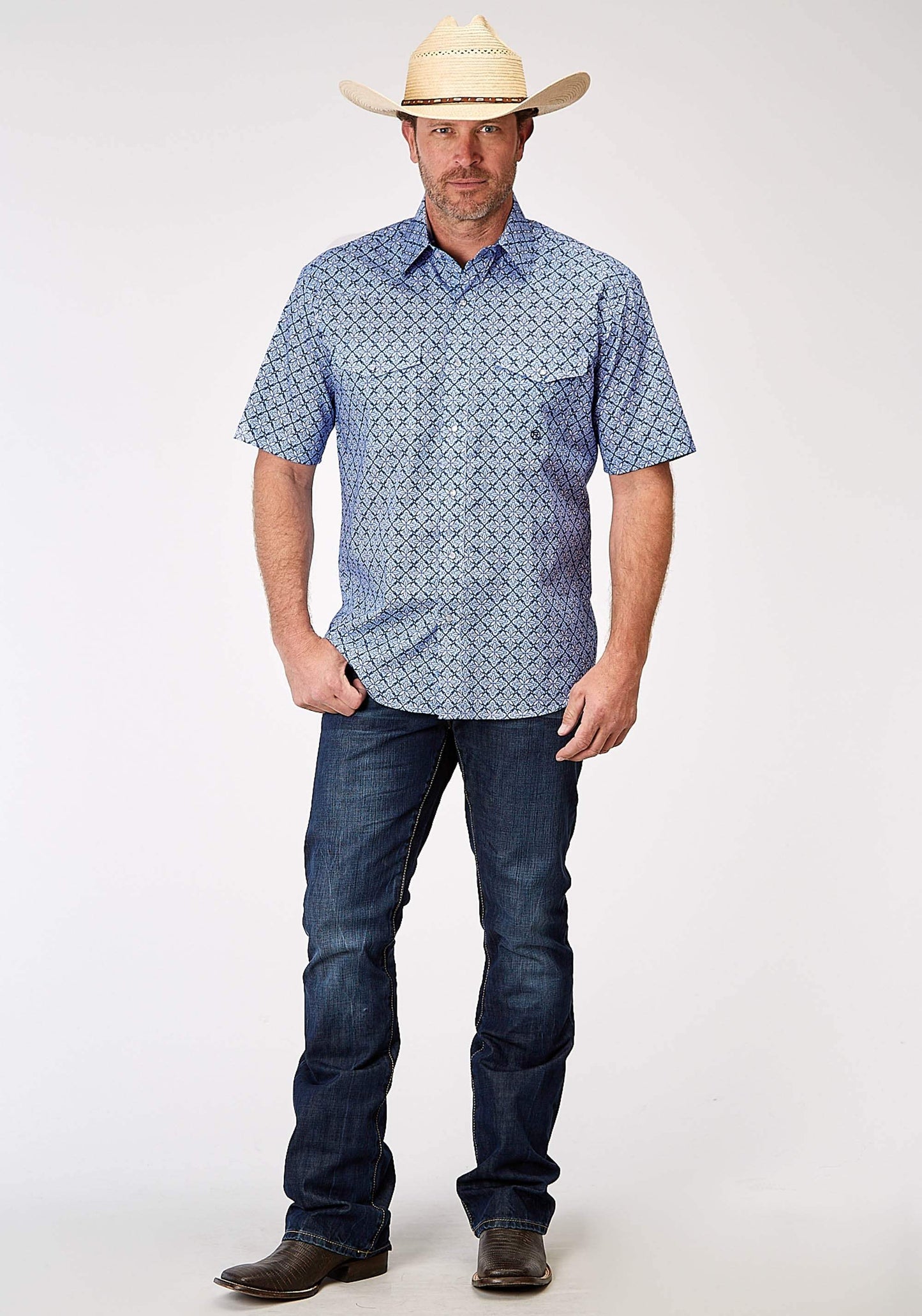 Roper Mens Short Sleeve Snap Blue Skies Tie Print Western Shirt Tall Fit - Roper - Flyclothing LLC