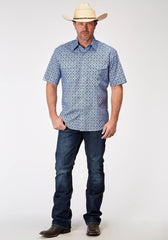 Roper Mens Short Sleeve Snap Blue Skies Tie Print Western Shirt Tall Fit - Roper