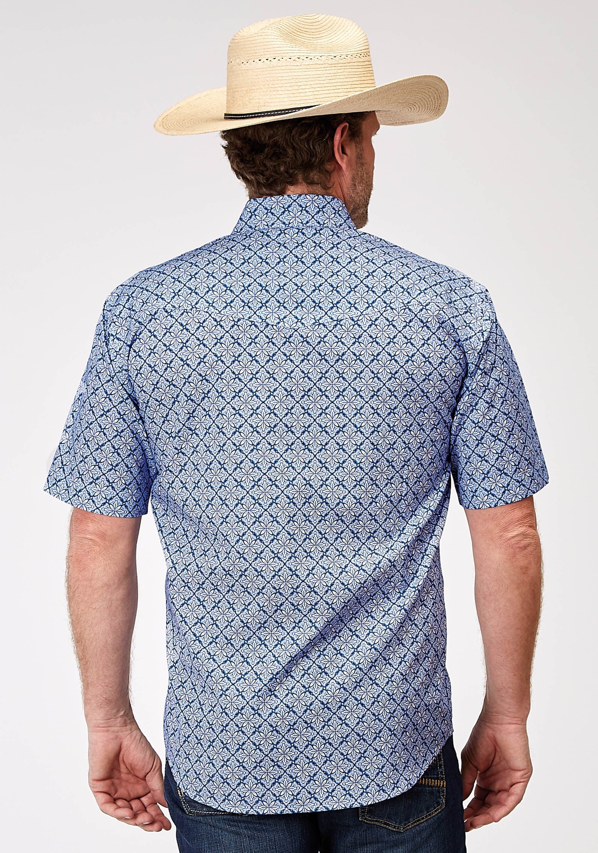 Roper Mens Short Sleeve Snap Blue Skies Tie Print Western Shirt Tall Fit - Roper