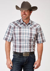 Roper Mens Short Sleeve Snap Gray Cloud Plaid Western Shirt Tall Fit - Roper