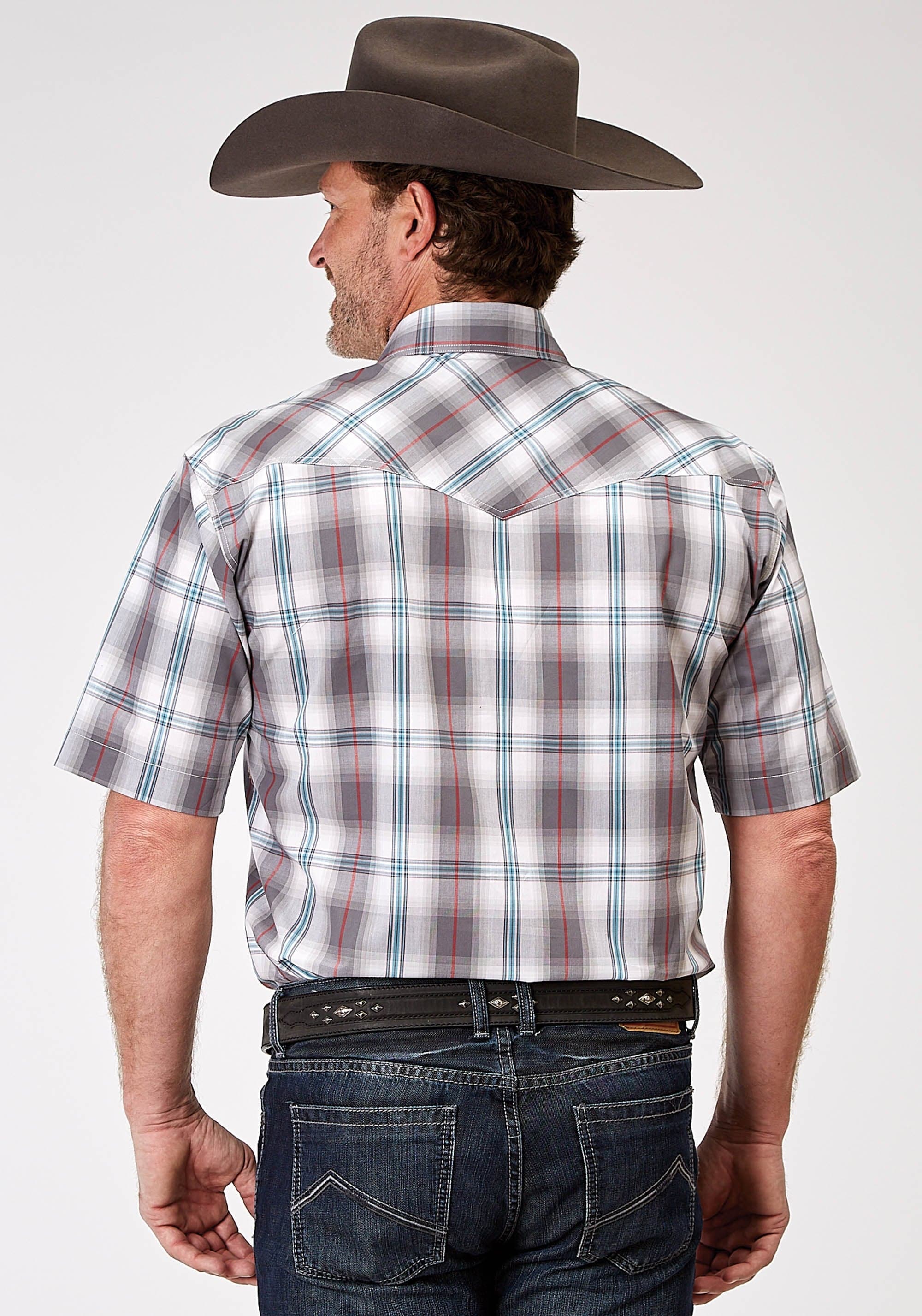 Roper Mens Short Sleeve Snap Gray Cloud Plaid Western Shirt Tall Fit - Roper