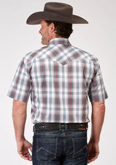 Roper Mens Short Sleeve Snap Gray Cloud Plaid Western Shirt Tall Fit - Roper
