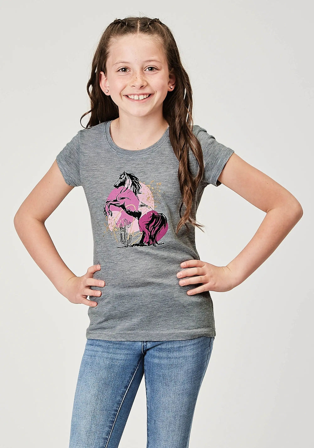 Roper Girls Short Sleeve Light Grey Poly Rayon Western T Shirt With Screen Print Decoration - Roper
