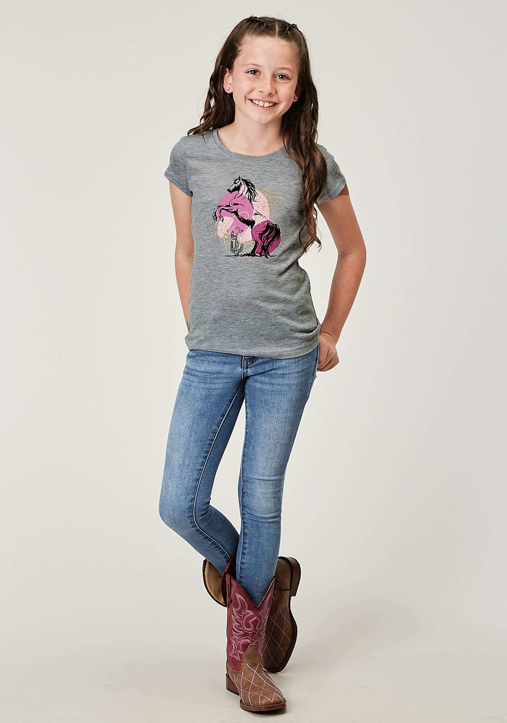 Roper Girls Short Sleeve Light Grey Poly Rayon Western T Shirt With Screen Print Decoration - Roper - Flyclothing LLC