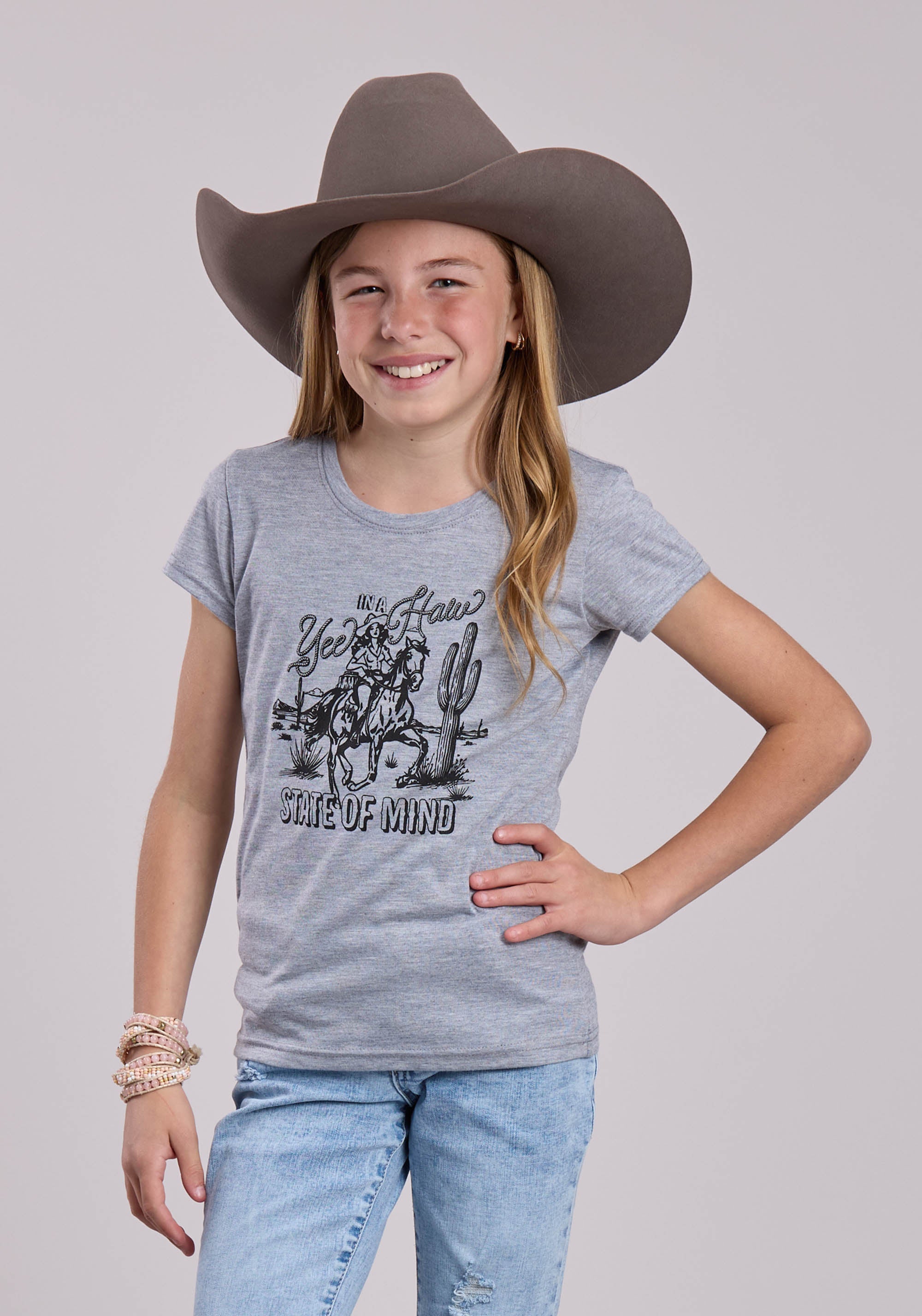 Girls Roper Poly Rayon Heather Grey Crew Neck Tee Short Sleeve Shirt