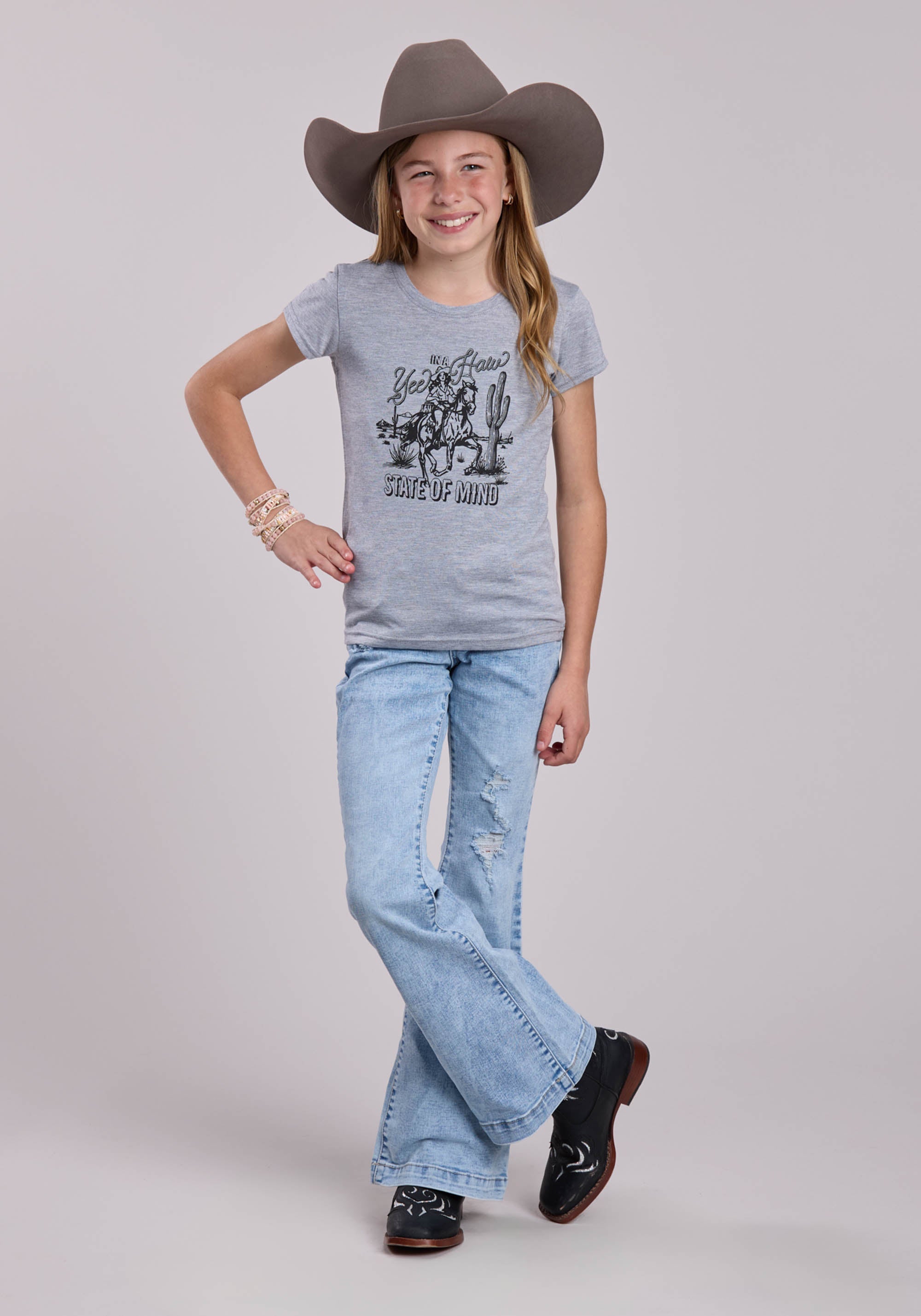 Girls Roper Poly Rayon Heather Grey Crew Neck Tee Short Sleeve Shirt