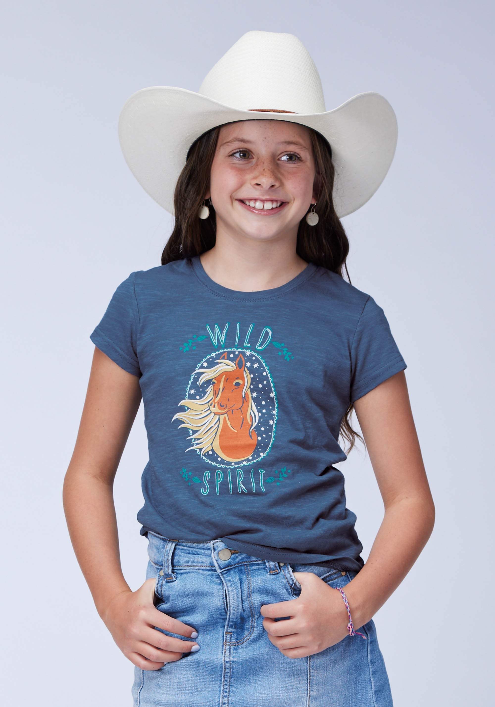 Roper Girls Short Sleeve Cotton Slub Jersey Crew Neck Western T Shirt With Screenprint Embroidery Embellishment - Roper - Flyclothing LLC