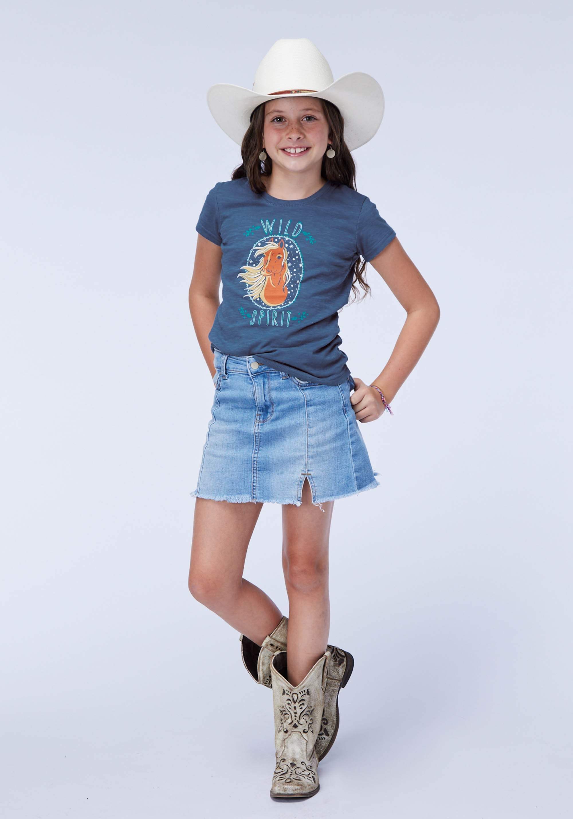 Roper Girls Short Sleeve Cotton Slub Jersey Crew Neck Western T Shirt With Screenprint Embroidery Embellishment - Roper - Flyclothing LLC