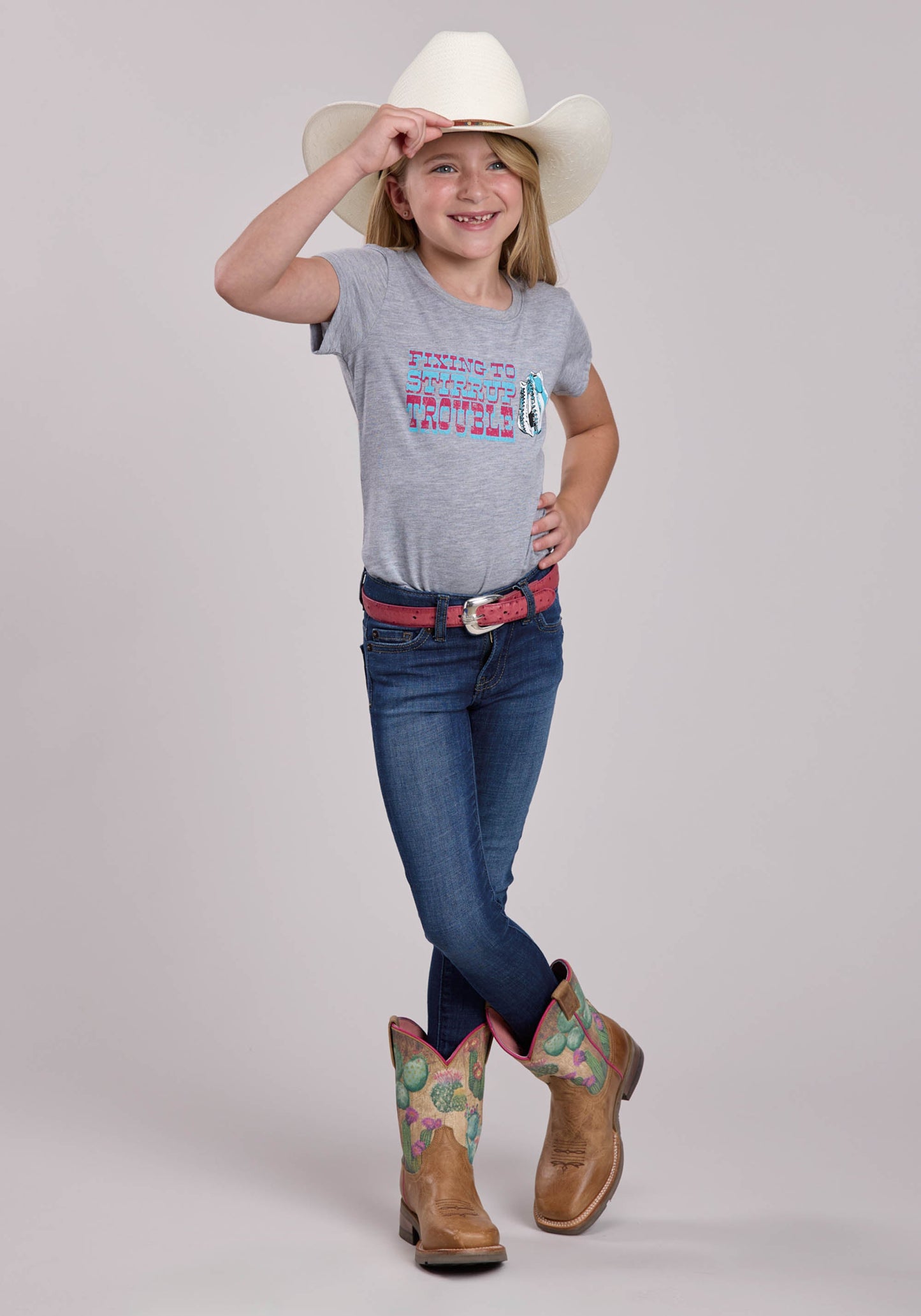 Girls Roper Poly Rayon Heather Grey Short Sleeve Shirt