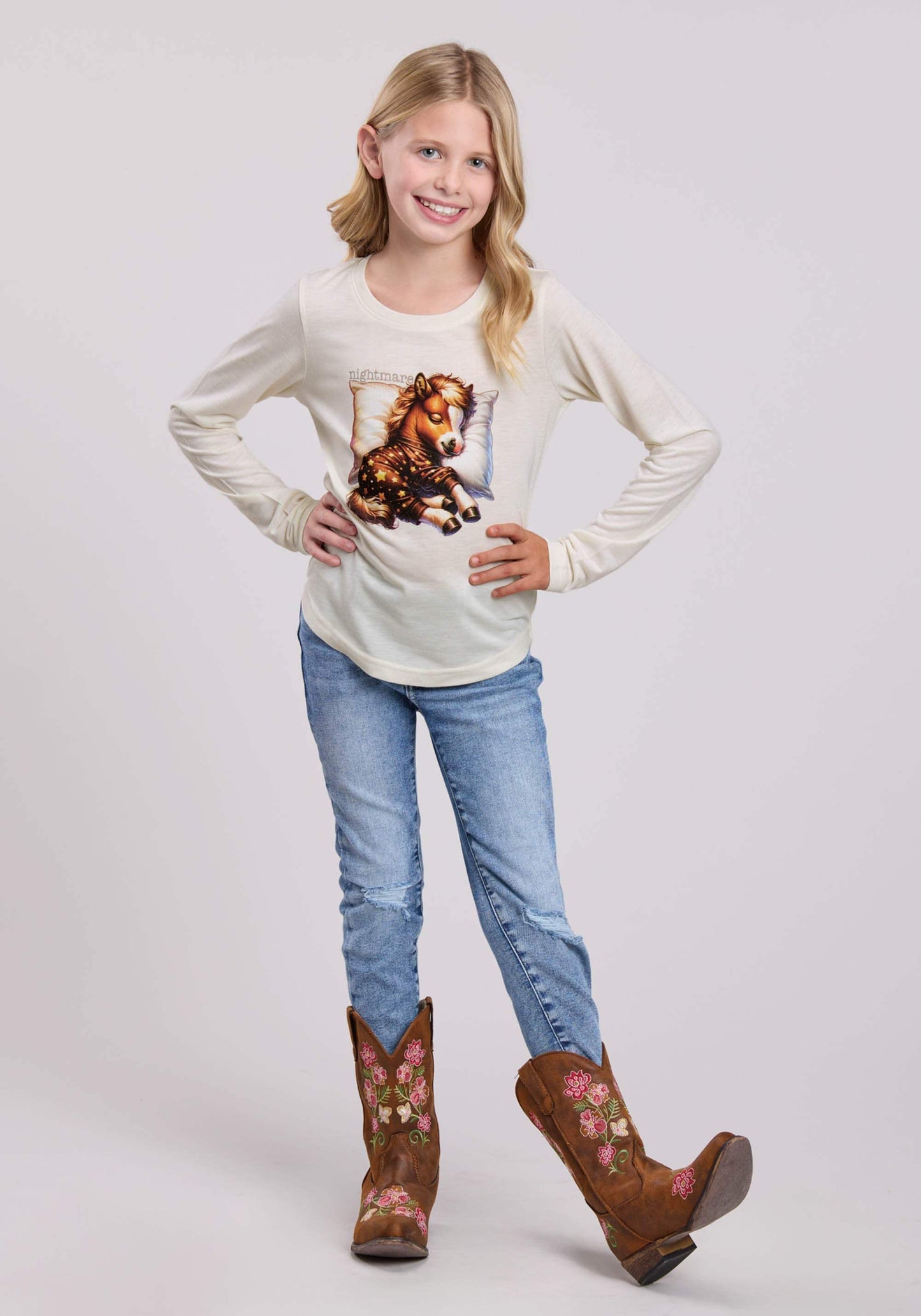 Girls Roper Cream Poly Rayon Jersey Long Sleeve Shirt - Roper - Flyclothing LLC