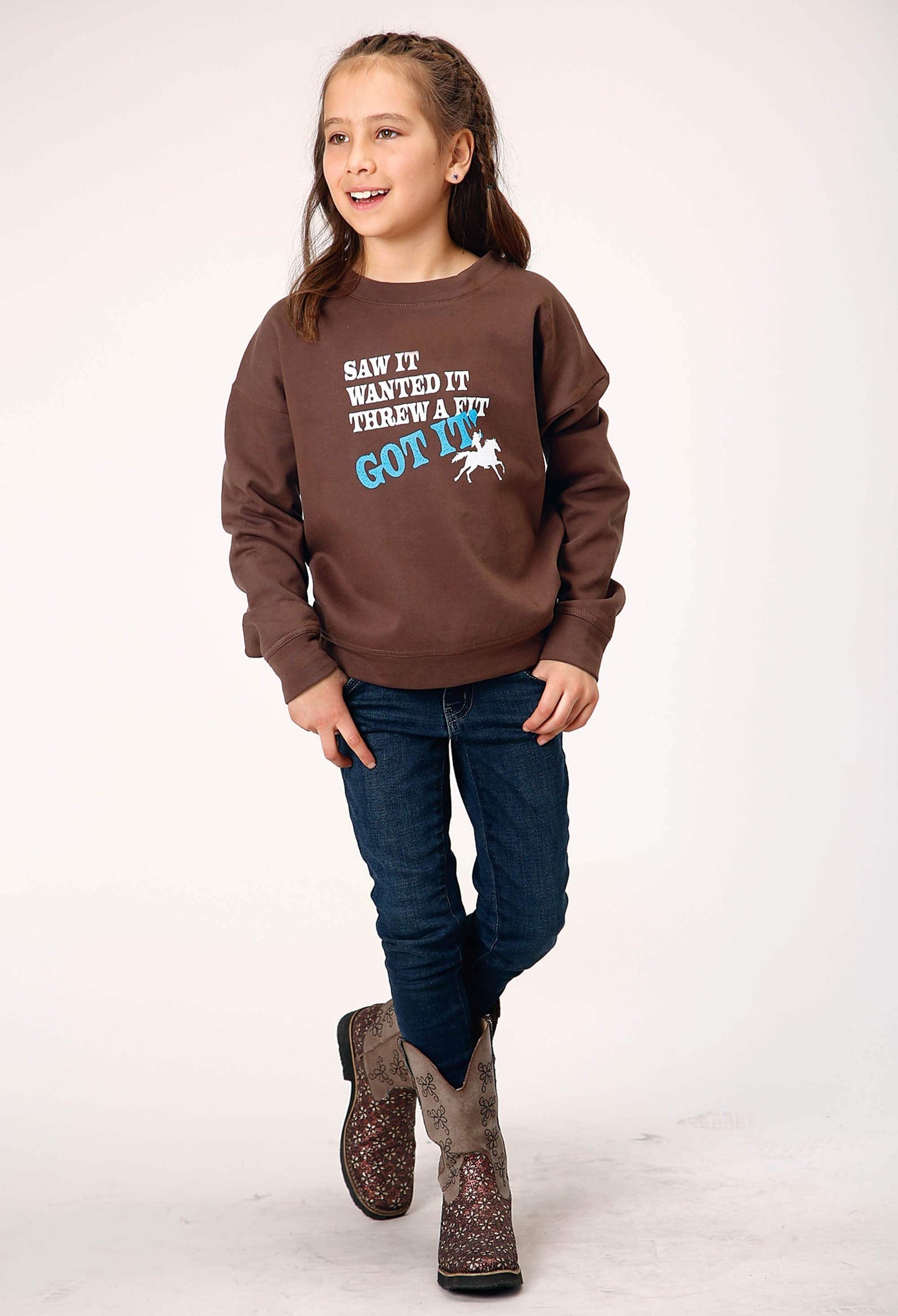 Roper Girls Long Sleeve Dark Brown Cotton Fleece Western T Shirt With Scoop Neck Screen Print Decoration - Roper - Flyclothing LLC