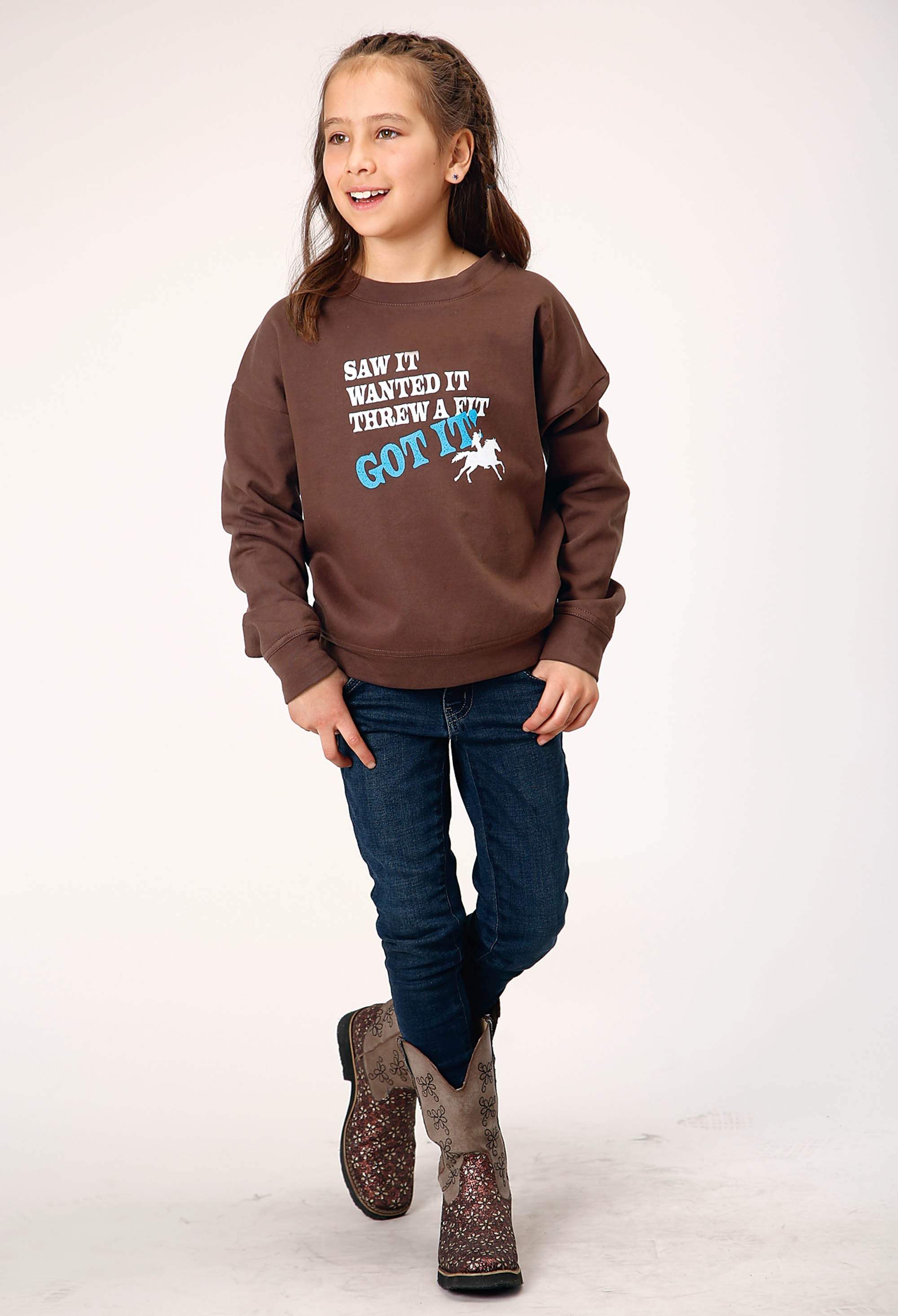 Roper Girls Long Sleeve Dark Brown Cotton Fleece Western T Shirt With Scoop Neck Screen Print Decoration - Roper - Flyclothing LLC