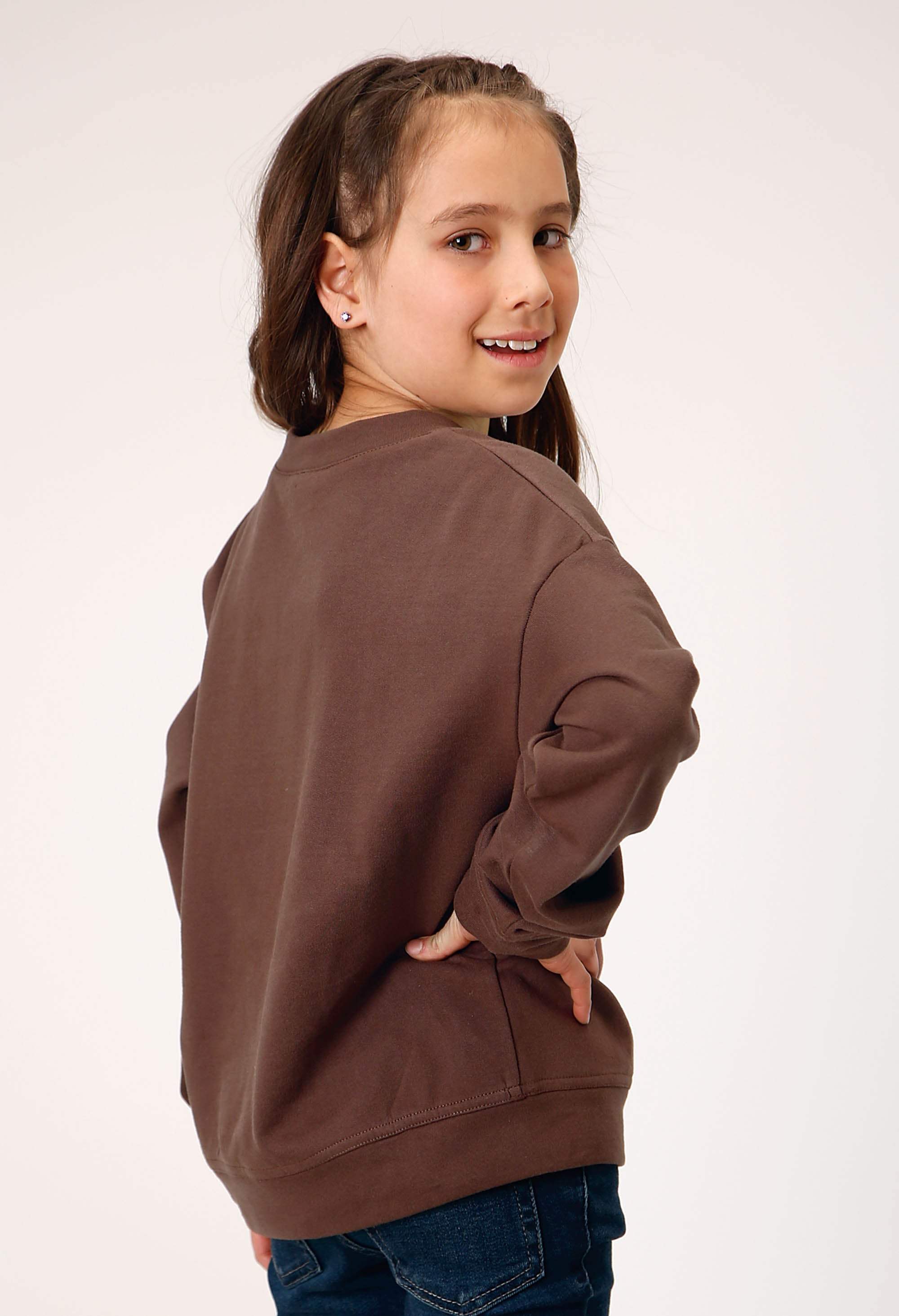 Roper Girls Long Sleeve Dark Brown Cotton Fleece Western T Shirt With Scoop Neck Screen Print Decoration - Roper - Flyclothing LLC
