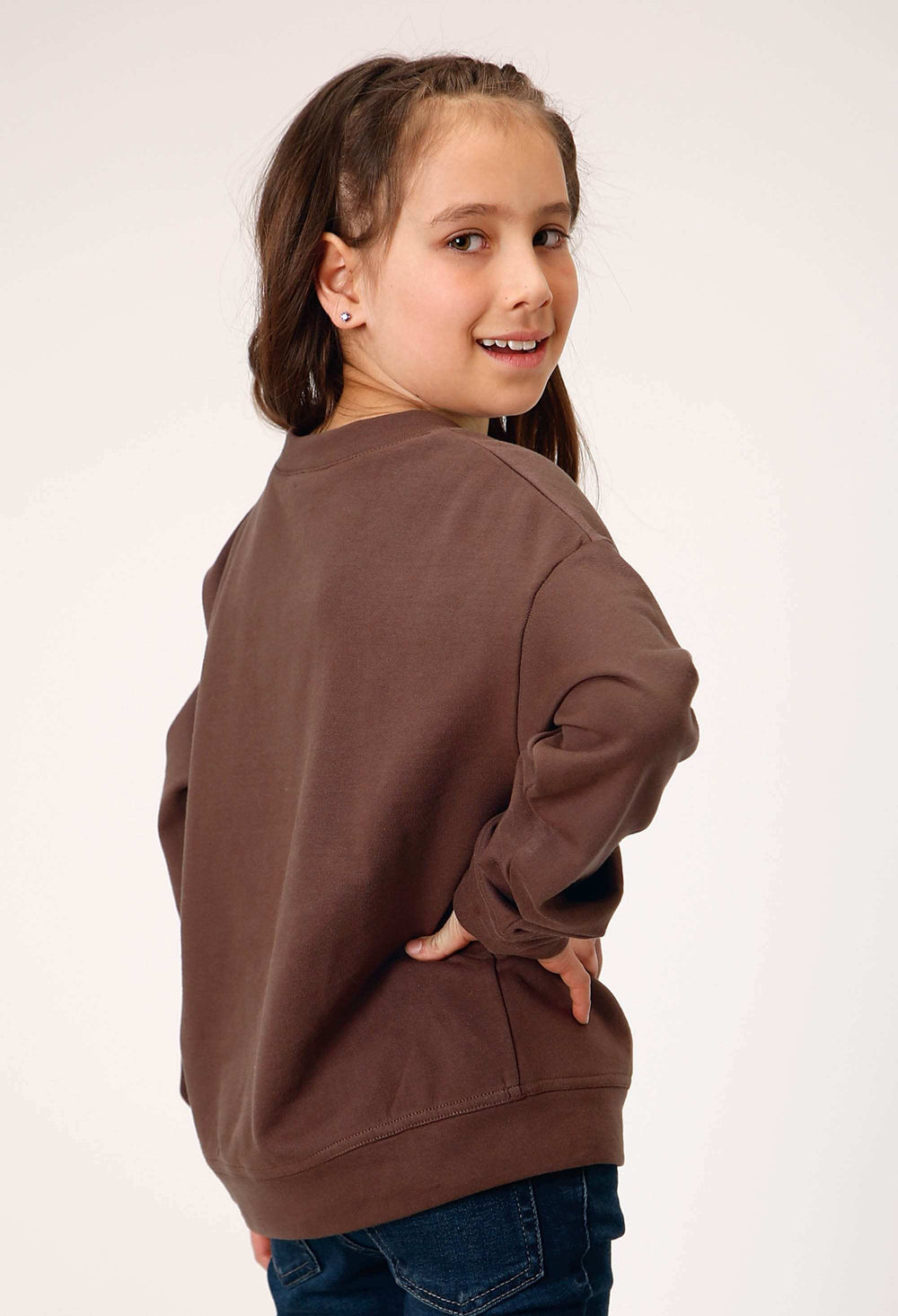 Roper Girls Long Sleeve Dark Brown Cotton Fleece Western T Shirt With Scoop Neck Screen Print Decoration - Roper - Flyclothing LLC