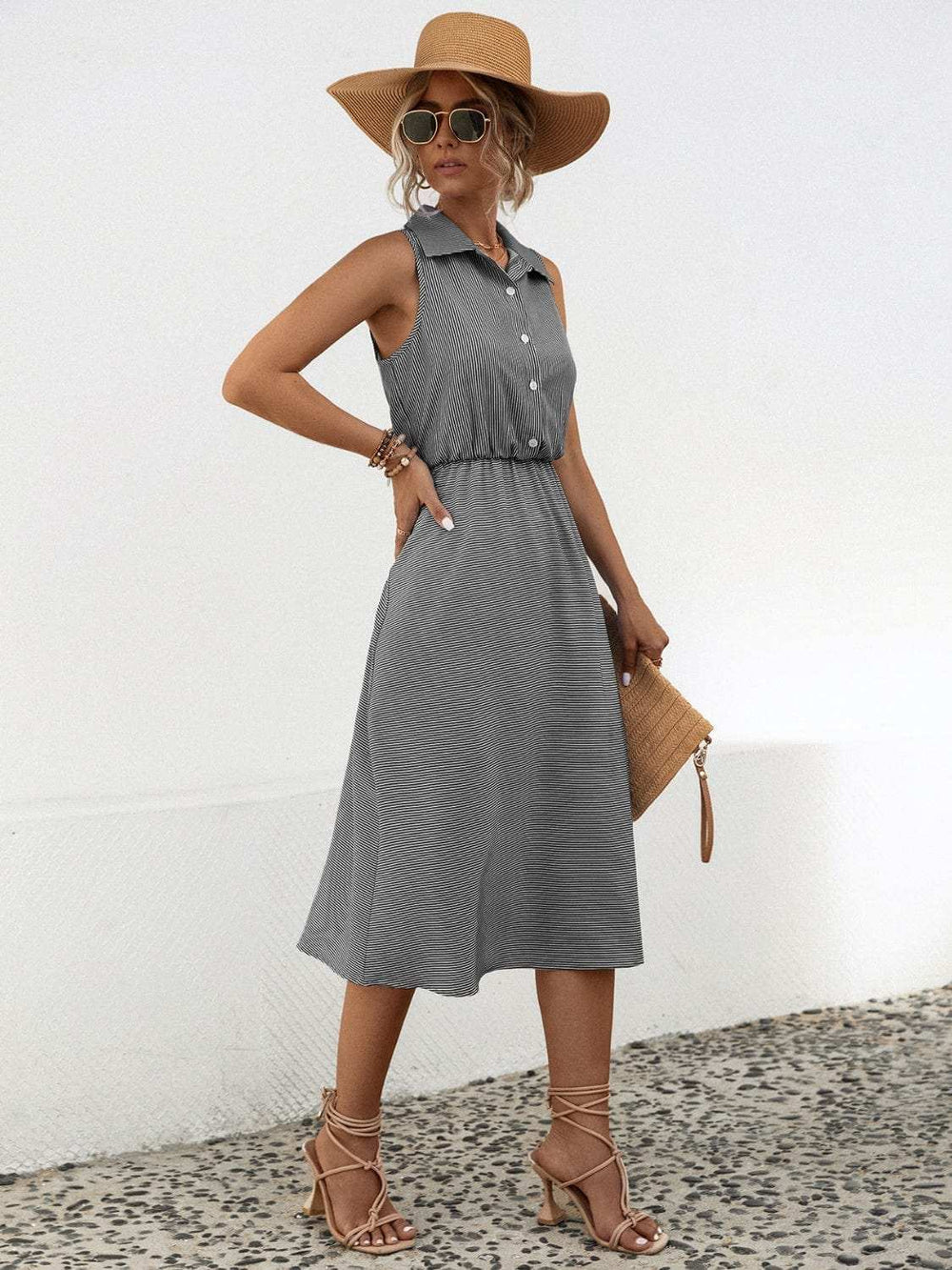 Striped Collared Neck Sleeveless Midi Dress - Trendsi - Flyclothing LLC