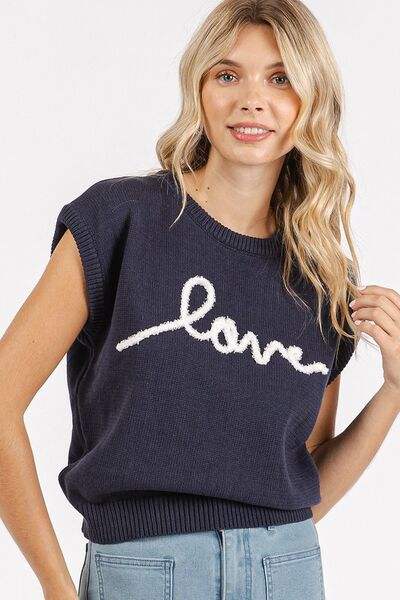 Mittoshop Contrast Letter Round Neck Cap Sleeve Knit Top - Trendsi - Flyclothing LLC