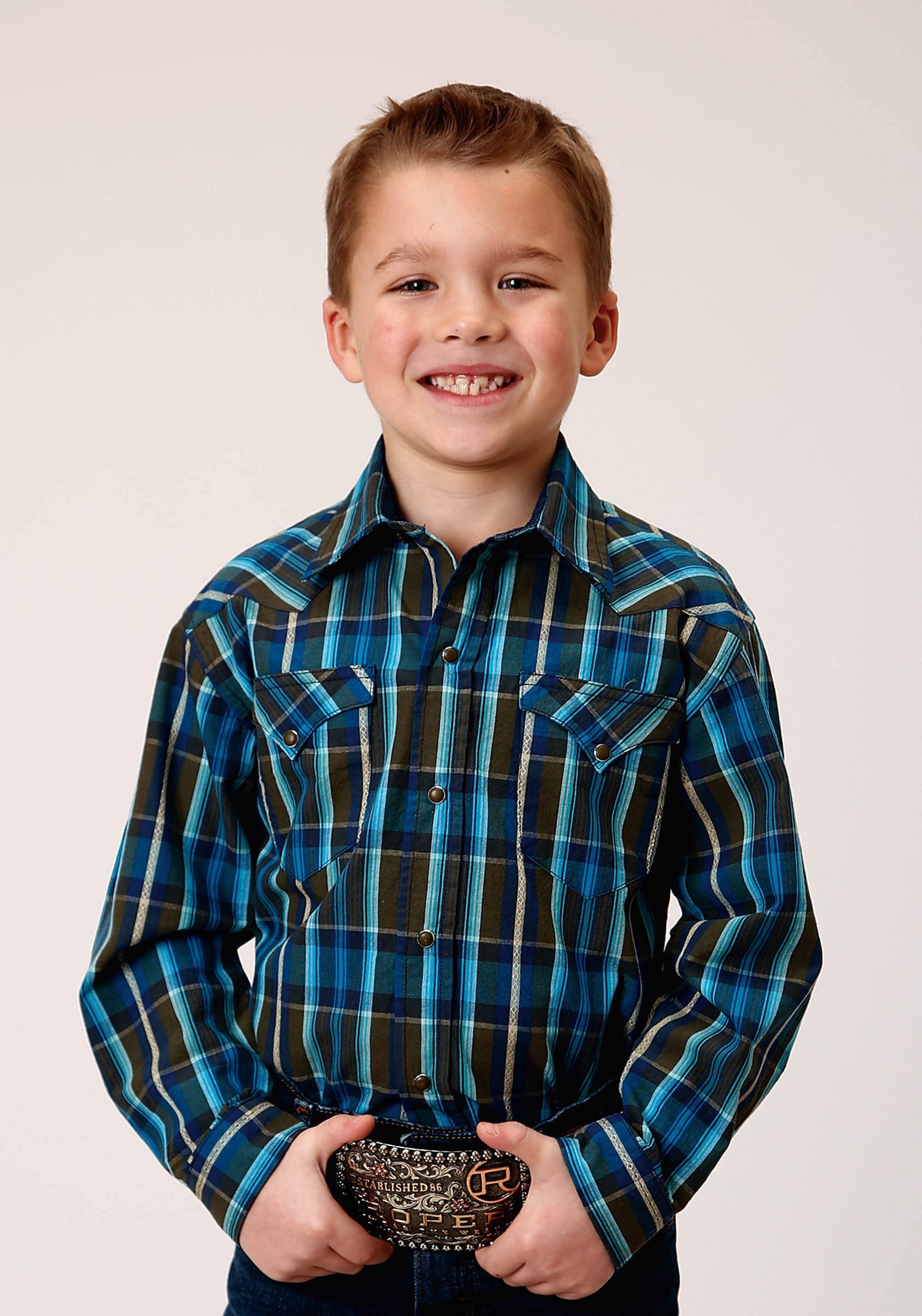 Roper Boys Long Sleeve Snap Diamond Dobby Plaid Western Shirt - Roper - Flyclothing LLC