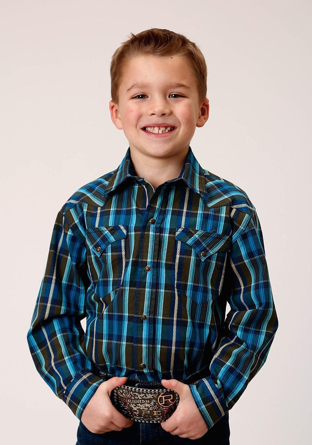 Roper Boys Long Sleeve Snap Diamond Dobby Plaid Western Shirt - Roper