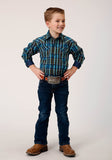 Roper Boys Long Sleeve Snap Diamond Dobby Plaid Western Shirt - Roper