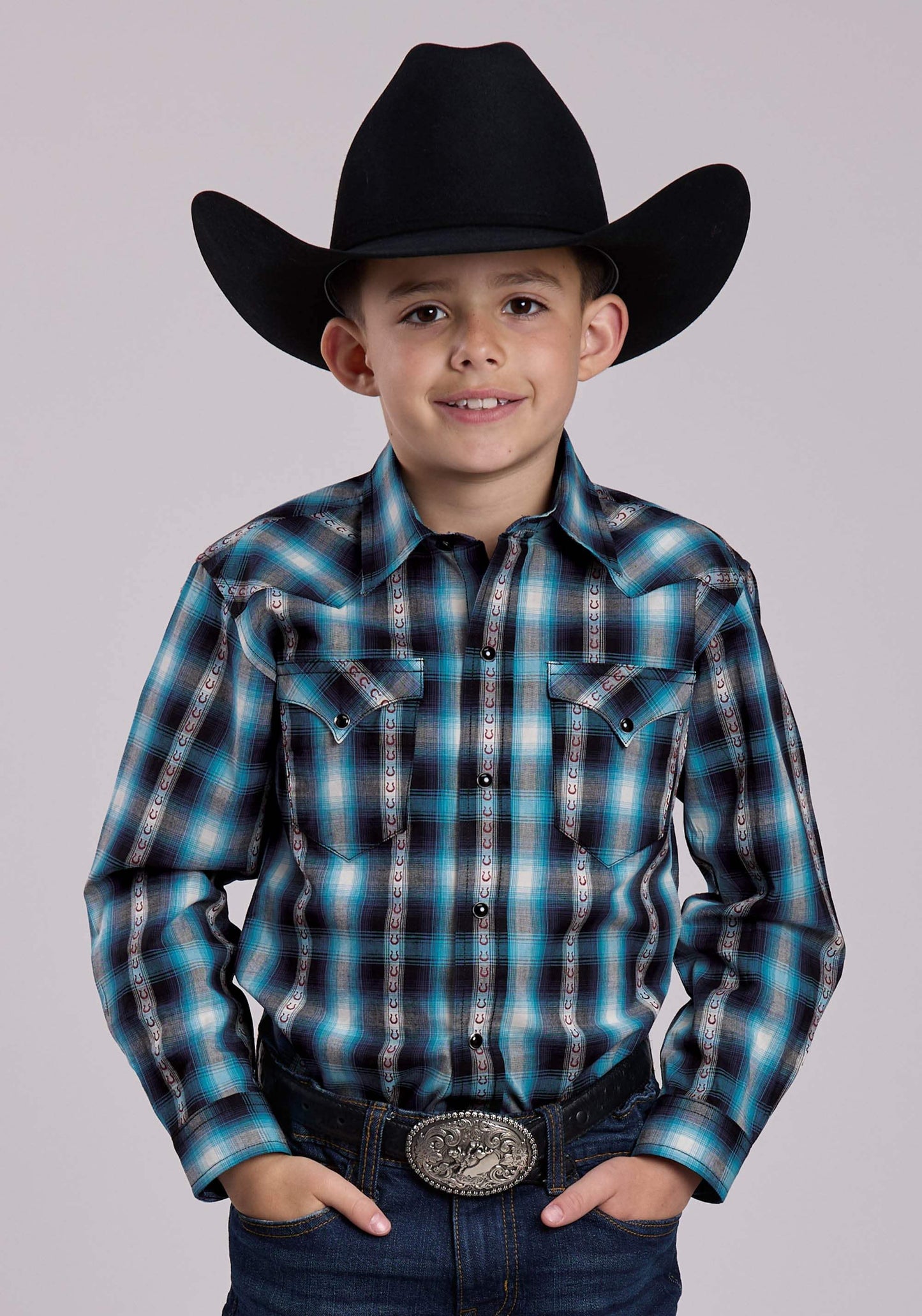 Roper Boys Long Sleeve Snap Horseshoe Dobby Plaid Western Shirt - Roper - Flyclothing LLC