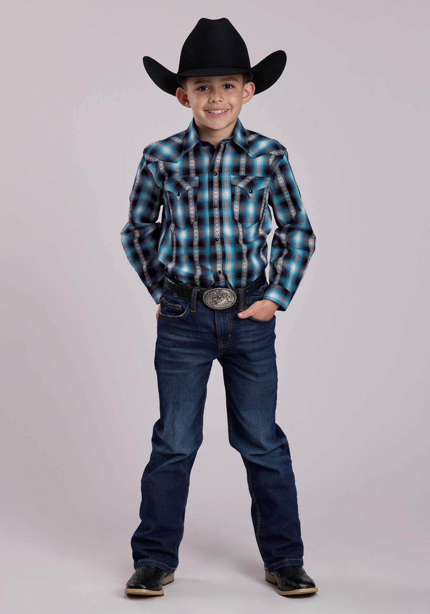 Roper Boys Long Sleeve Snap Horseshoe Dobby Plaid Western Shirt - Roper - Flyclothing LLC