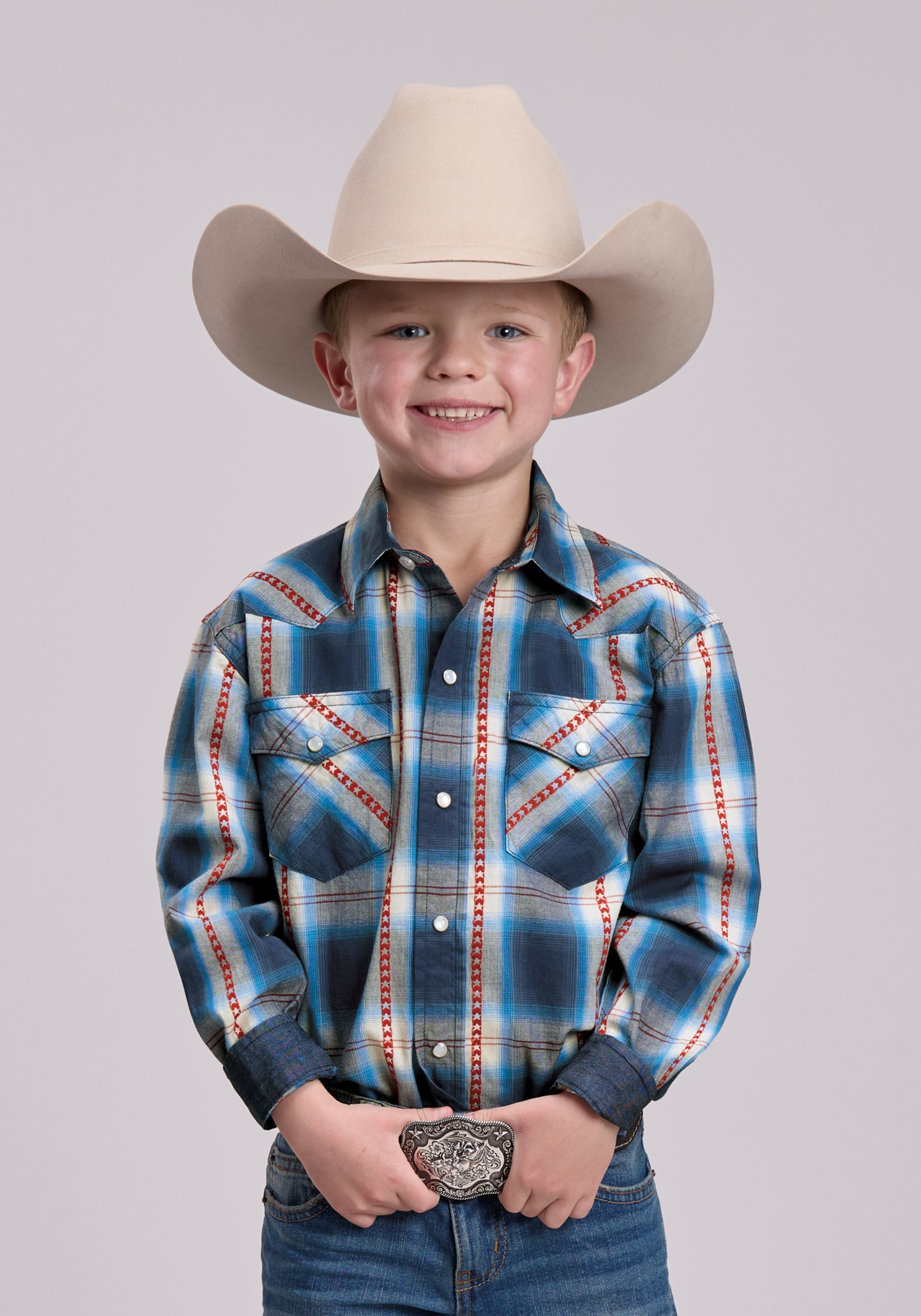 Boys Roper Star Dobby Plaid Long Sleeve Snap Shirt