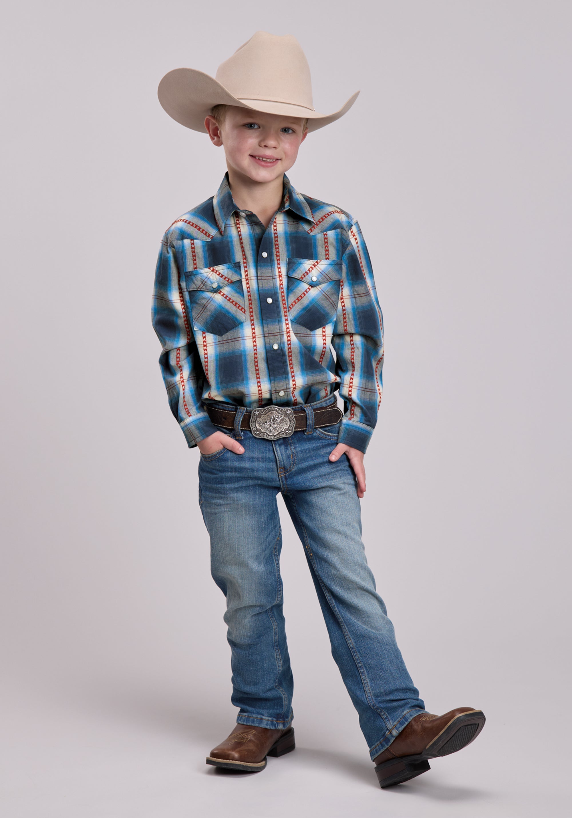 Boys Roper Star Dobby Plaid Long Sleeve Snap Shirt