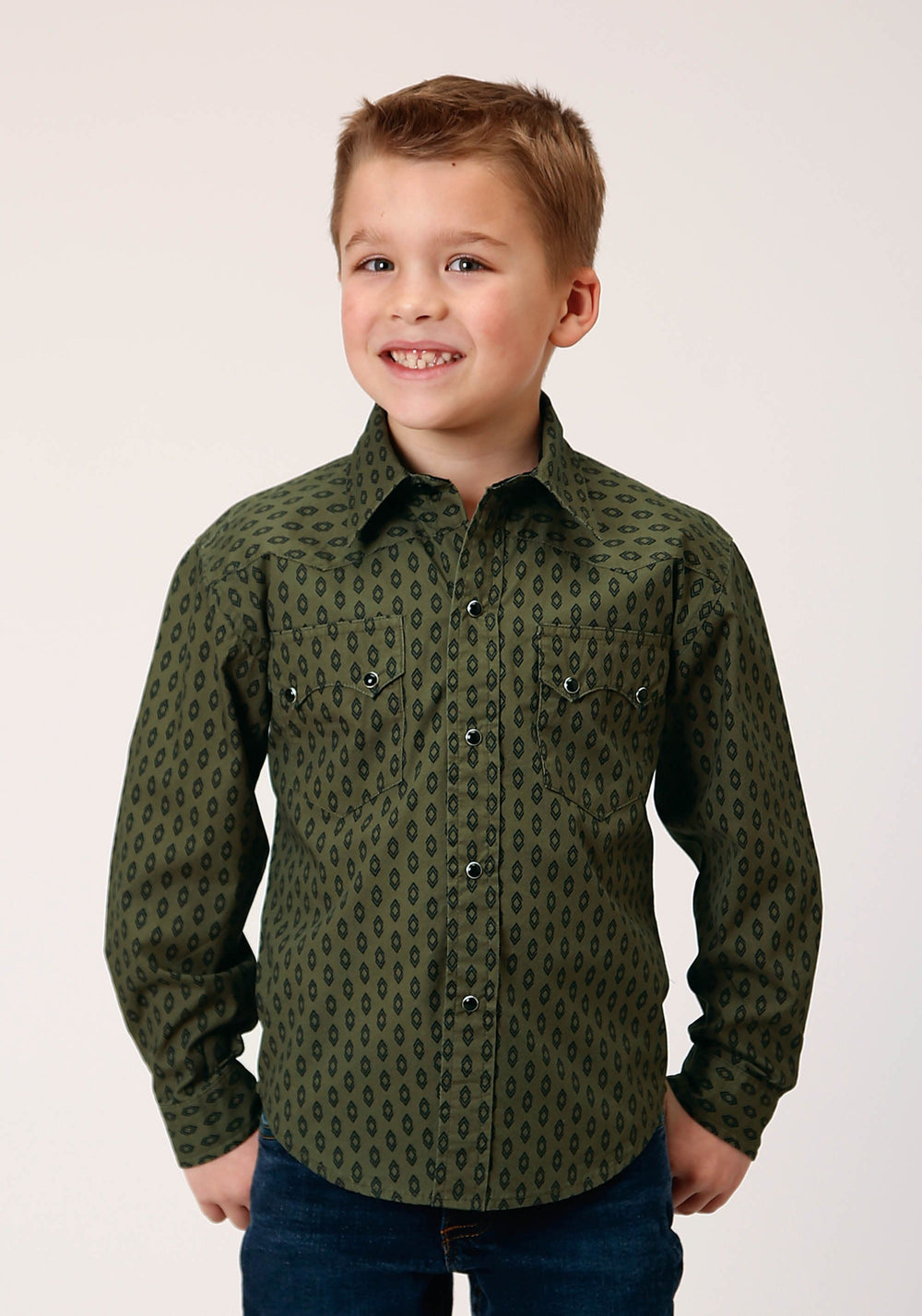 Roper Boys Long Sleeve Snap Drybrush Diamonds Western Shirt - Roper