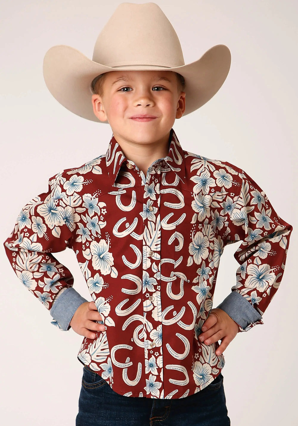 Roper Boys Long Sleeve Snap Hawaiian Horseshoes Print Western Shirt - Roper