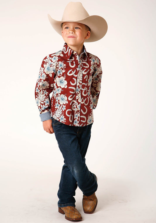 Roper Boys Long Sleeve Snap Hawaiian Horseshoes Print Western Shirt - Roper