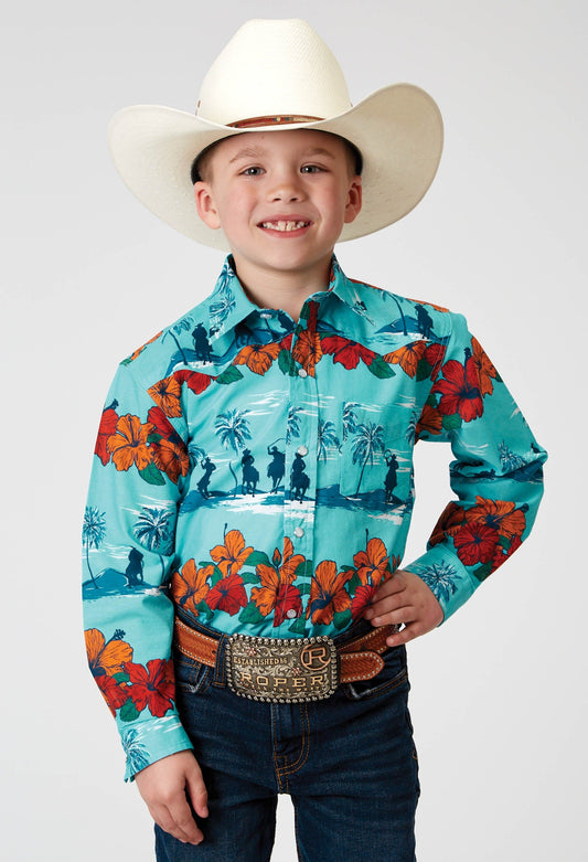 Roper Boys Long Sleeve Snap Hawaiian Print Western Shirt - Roper