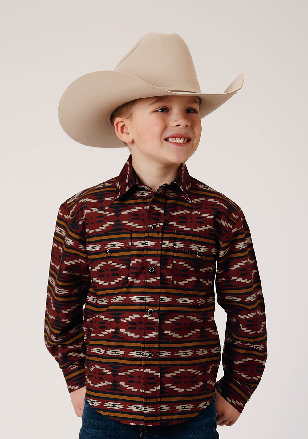 Roper Boys Long Sleeve Snap Red Aztec Horizontal Stripe Western Shirt - Roper