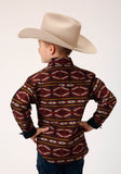 Roper Boys Long Sleeve Snap Red Aztec Horizontal Stripe Western Shirt - Roper