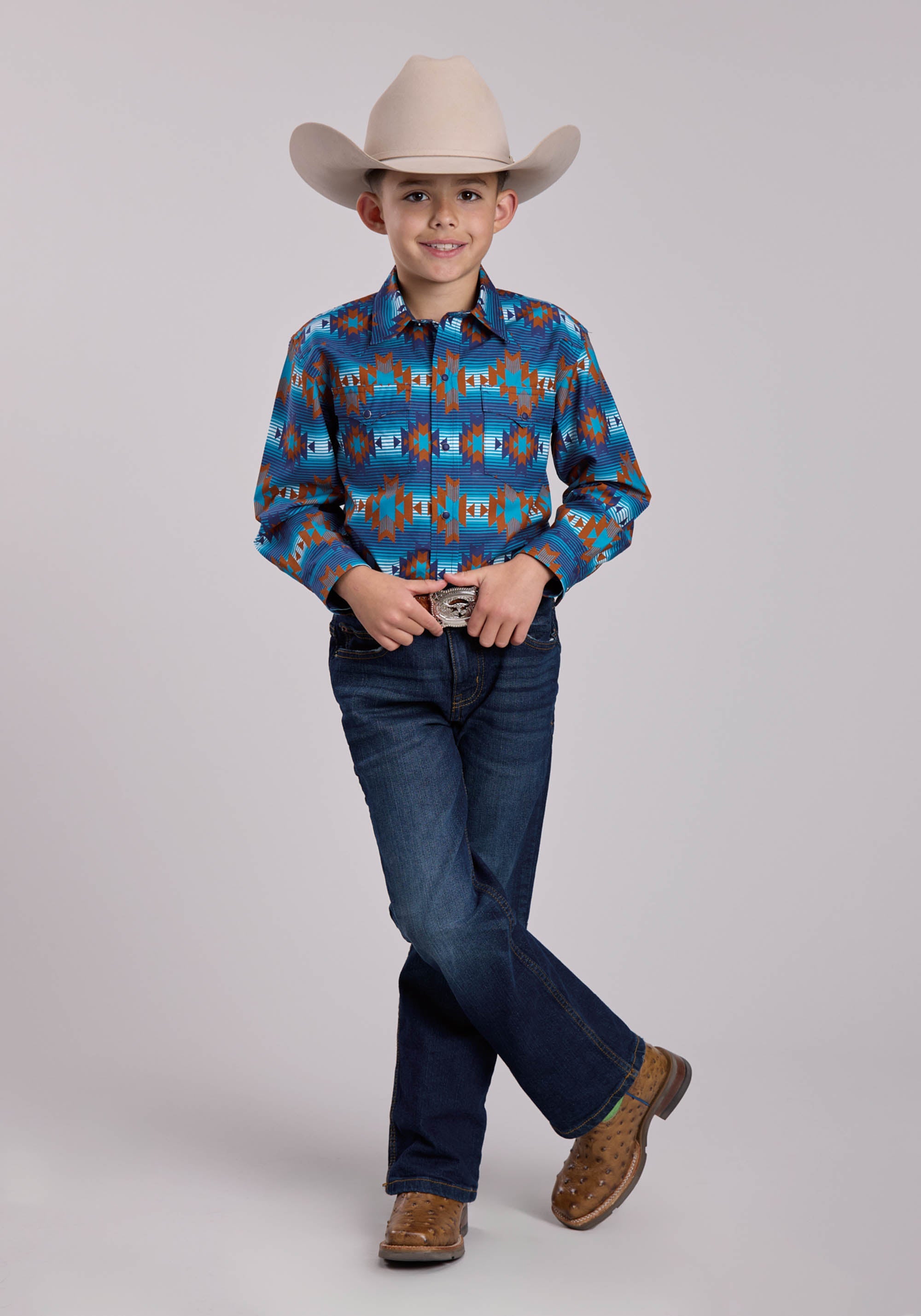 Boys Roper Serape Aztecs Stripe Long Sleeve Snap Shirt