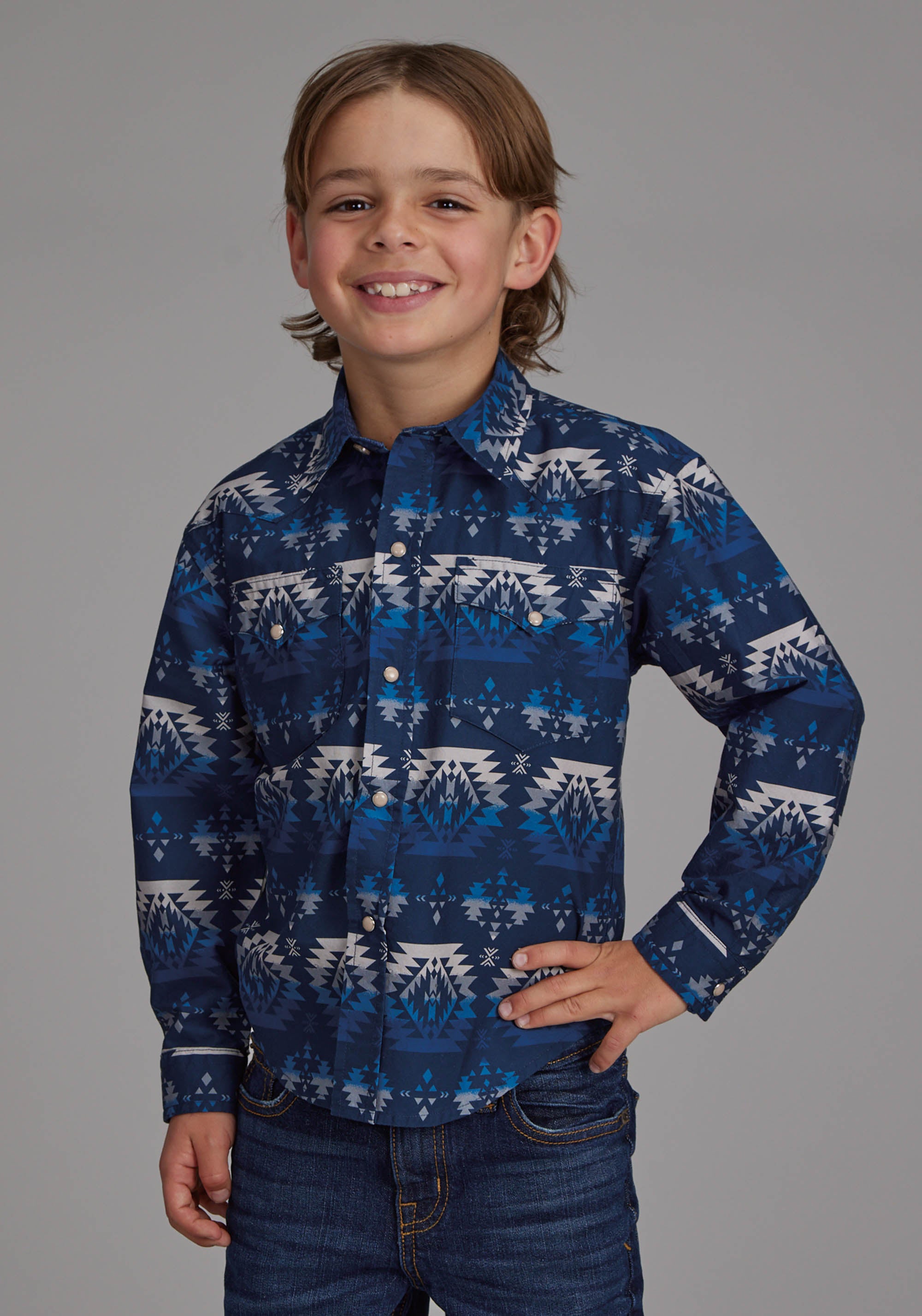 Roper Boys Ombre Aztec Print Long Sleeve Snap Western Shirt