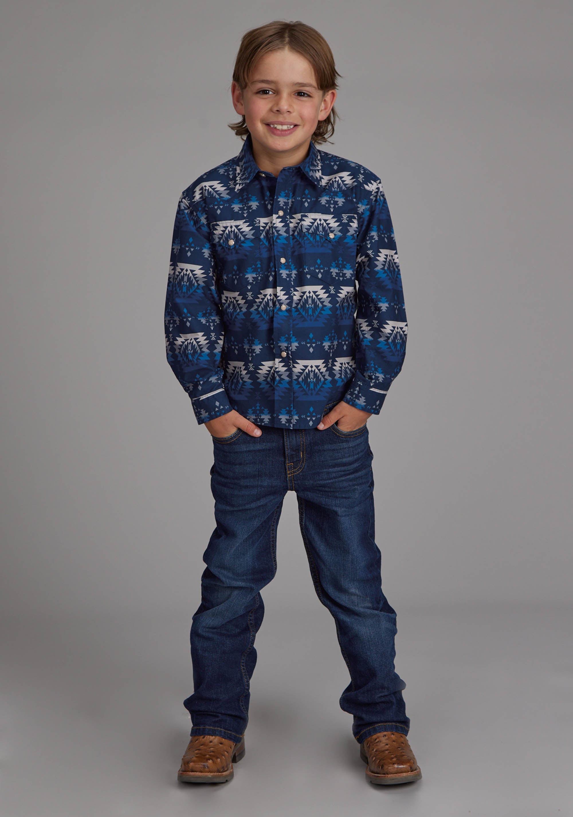Roper Boys Ombre Aztec Print Long Sleeve Snap Western Shirt